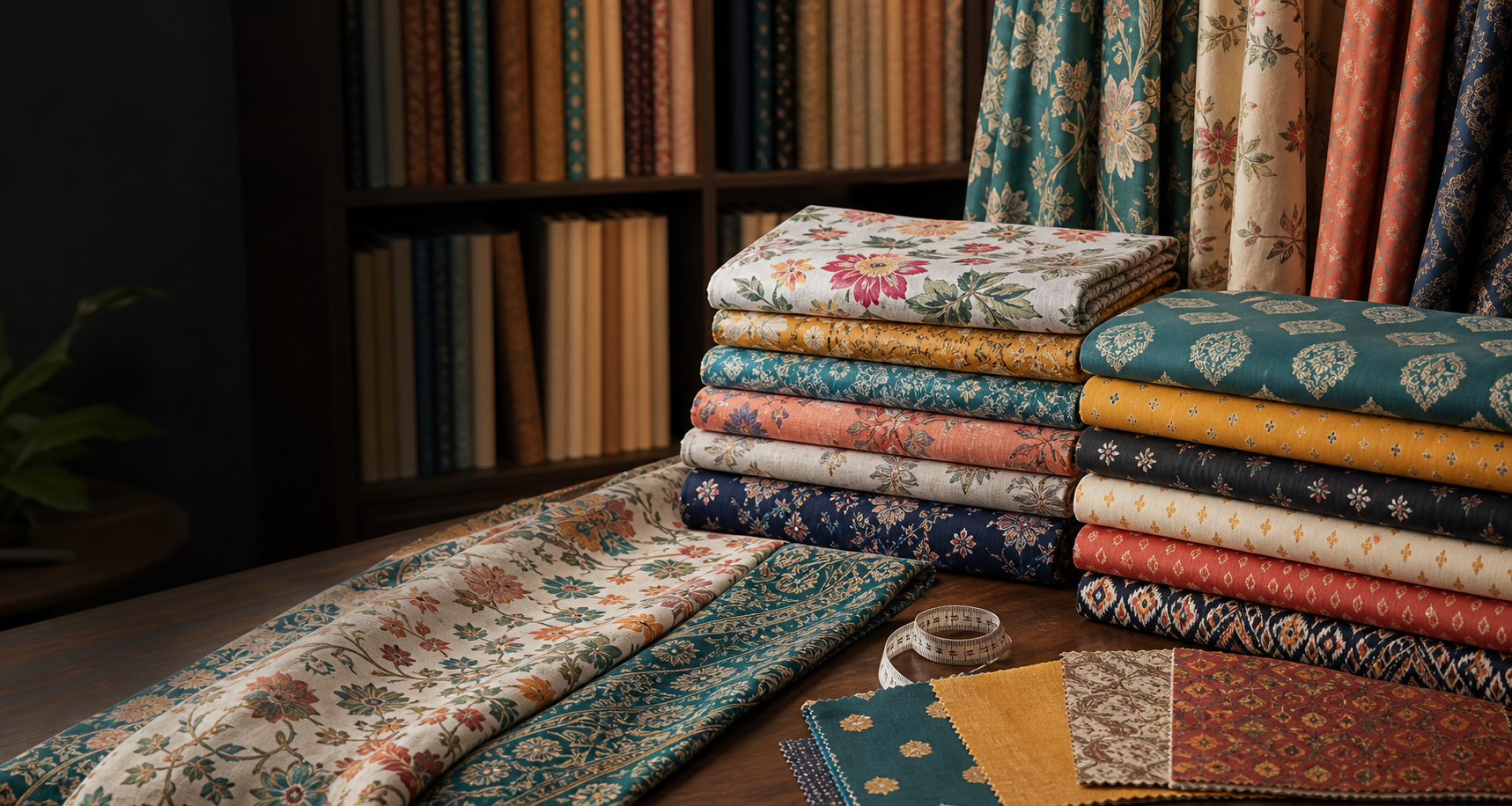 Printed and designer fabric rolls arranged in a textile showroom